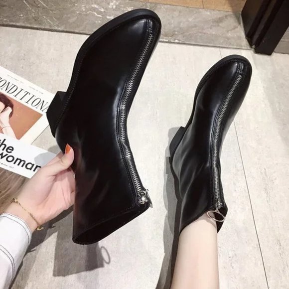 New Front Zipper Round Toe Chunky Heel All-match Mid-Cut Martin Boots - Picture 3 of 5